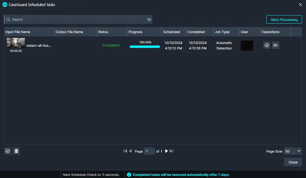 CaseGuard Scheduled Tasks window showing a single completed job: redact-all-li..., 100% progress, Automatic Detection, scheduled and completed 12/13/2024.