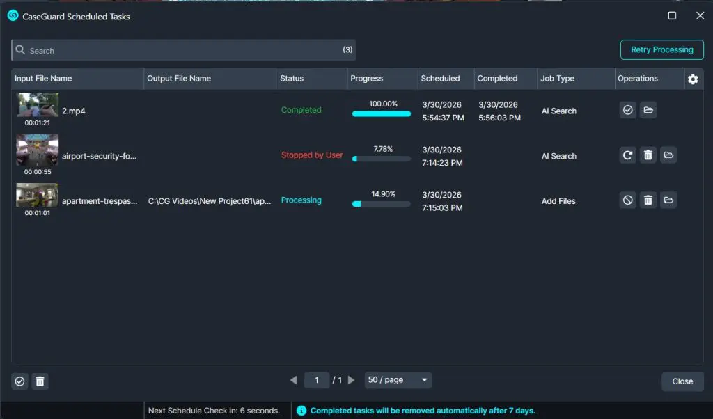 scheduled | CaseGuard CaseGuard Scheduled Tasks window listing three jobs with status, progress bars, and job types (AI Search and Add Files).