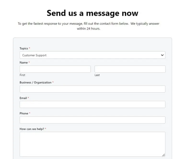 support-page | CaseGuard Online contact form titled 'Send us a message now' for sending a message to support, with fields for Topic, First/Last name, Business/Organization, Email, Phone, and a large message box.