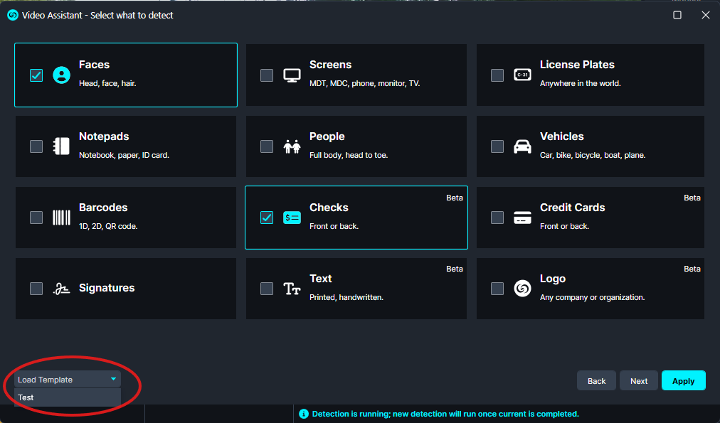 Video Assistant: grid of detection categories (Faces, People, Vehicles, Text, Logos, etc.) with a bottom-left Load Template control.
