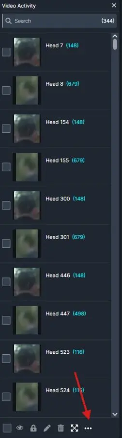 Panel labeled 'Video Activity' with a searchable list of user items (blurred avatars, 'Head #', and blue count in parentheses), plus checkboxes and a bottom toolbar of icons.