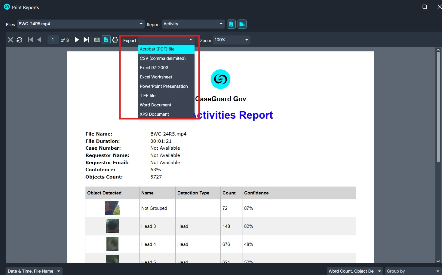 Screenshot of a report viewer with an expanded Export menu showing formats (Acrobat PDF, CSV, Excel, Word, PowerPoint, TIFF, XPS). Lead heading reads 'Activities Report' with CaseGuard logo above it.