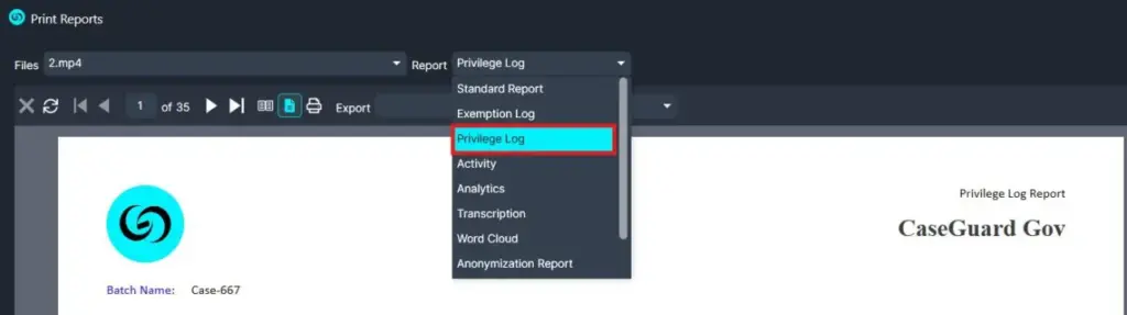 UI screenshot showing a dropdown with Privilege Log selected and a Privilege Log Report for CaseGuard Gov.