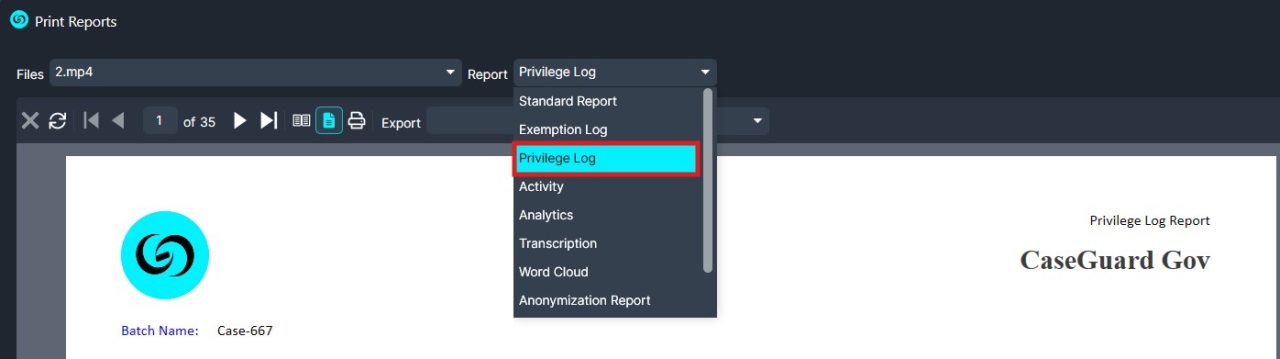 Privilege-log | CaseGuard Screenshot of a reporting tool with a dropdown listing Privilege Log as the selected report type.