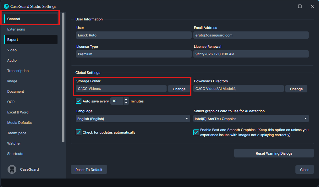 Software settings dialog (CaseGuard Studio) showing General tab with Storage Folder path: C:
