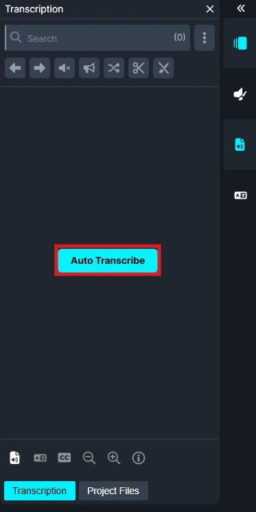 Transcription tool UI with a bright blue 'Auto Transcribe' button centered on a dark panel, ready to start automatic transcription