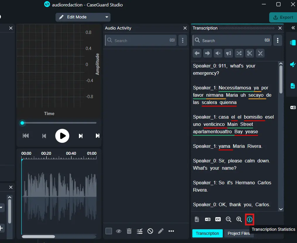 Interface of transcription app showing audio player, waveform, and a transcript panel with speaker labels (Speaker_0, Speaker_1).