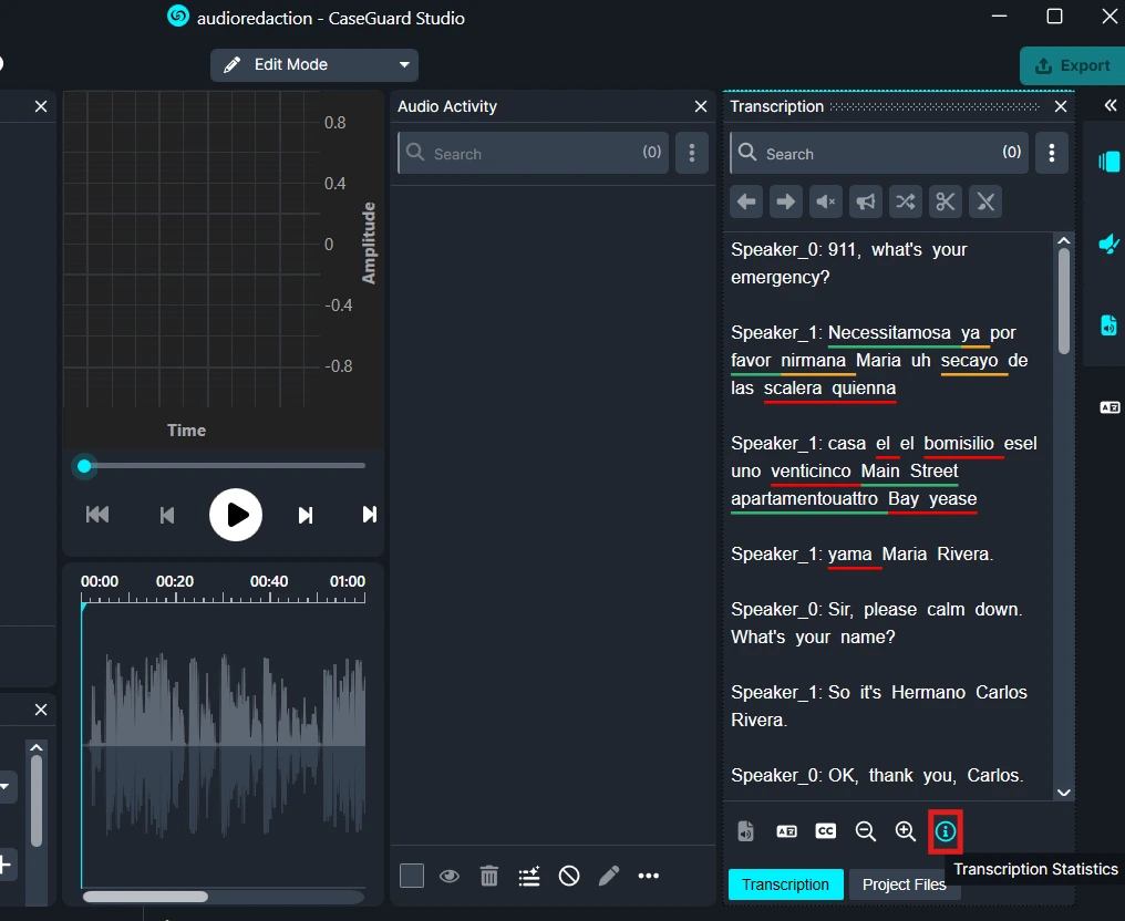 Screenshot of CaseGuard Studio showing a waveform, playback controls, an Audio Activity panel, and a Transcription pane with labeled speakers and highlighted text.