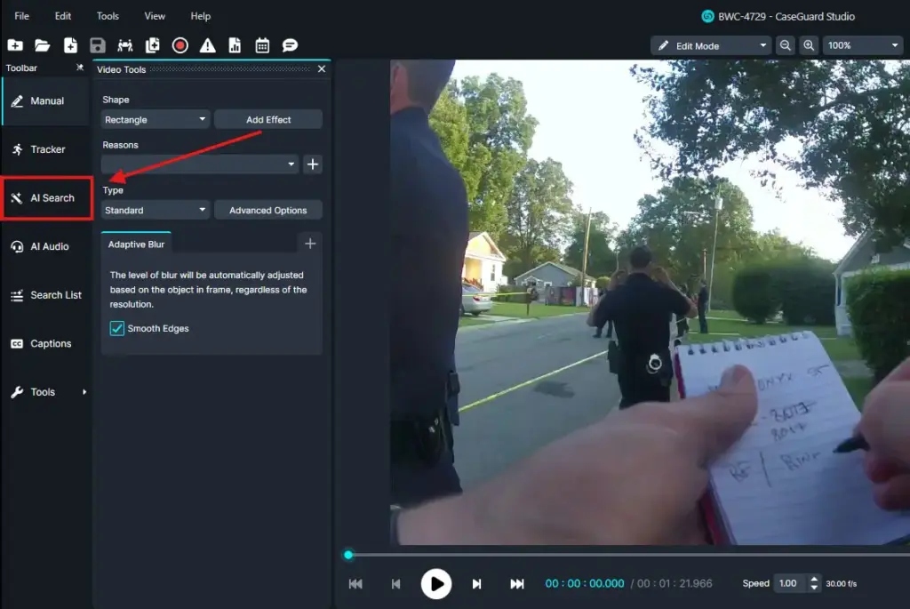 ai-search | CaseGuard Screenshot of video editor UI with AI Search tab selected on the left; video preview shows a police officer and a person writing notes on a suburban street.