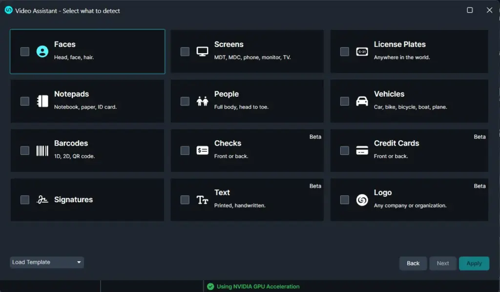 ai-search | CaseGuard Video Assistant detect options: grid of cards for Faces, Screens, License Plates, Notepads, People, Vehicles, Barcodes, Checks, Credit Cards, Signatures, Text, and Logo with checkboxes.