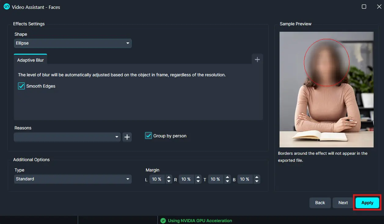 Software settings panel for face blur with ellipse shape, adaptive blur on, and sample preview of a blurred person with a red circle around the face.