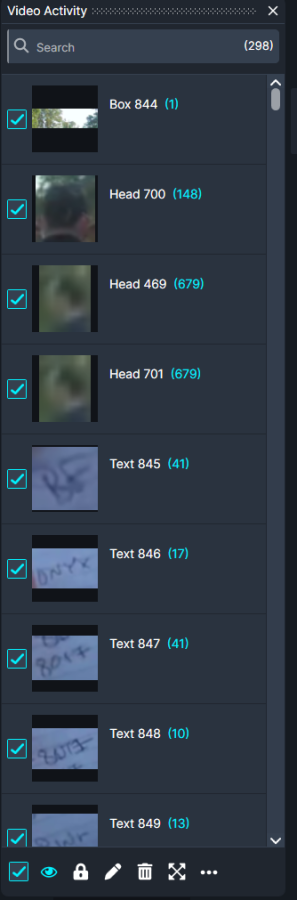 Video Activity panel showing a vertical list of items with small thumbnails and checkboxes on the left; items include Box 844, Head 700, Head 469, Head 701, Text 845, etc., with blue counts in parentheses and multiple selections enabled.