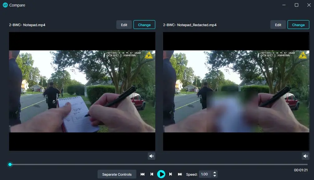 Split-screen video comparison: street scene with a person writing in a notebook on the left and a blurred second frame on the right, with playback controls below.