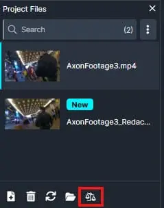 Project Files panel with two video clips: AxonFootage3.mp4 and AxonFootage3_Redacted; second clip shows a New badge.