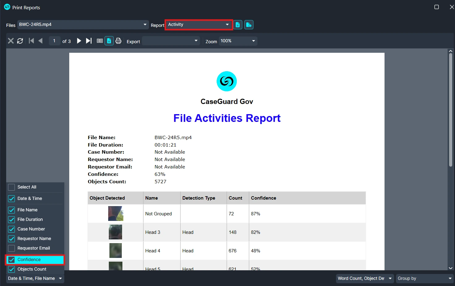 Screenshot of a 'File Activities Report' preview in CaseGuard Gov, showing header, logo, and a table of detected objects with counts and confidence.