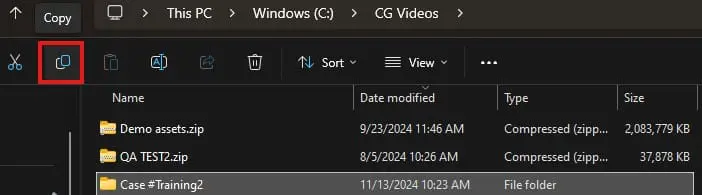 Windows File Explorer window with a highlighted Share button in the toolbar; a list of files shown, including Demo assets.zip and CASE #Training2.