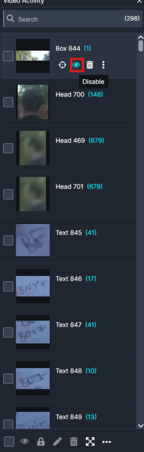 Video activity panel listing items with thumbnails and names (Box 844, Head 700, etc.); the first item shows an eye icon to Disable.