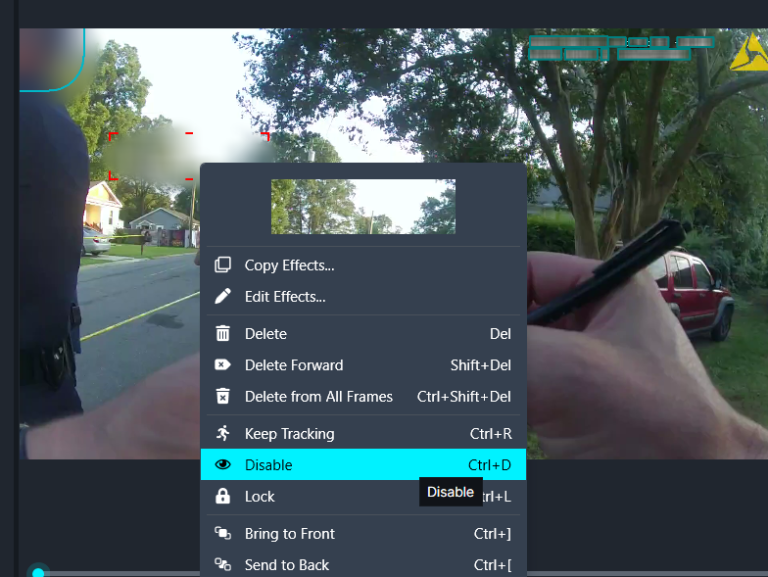 Video editing software screenshot showing a video frame with a dark contextual menu listing options like Copy Effects, Edit Effects, Delete, Disable, and Lock over a filmed scene.