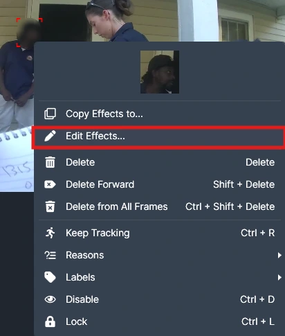 Context menu from a video/photo editing app with 'Edit Effects...' highlighted; options include Copy Effects, Delete, Delete Forward, Keep Tracking, Reasons, Labels, Disable, Lock.