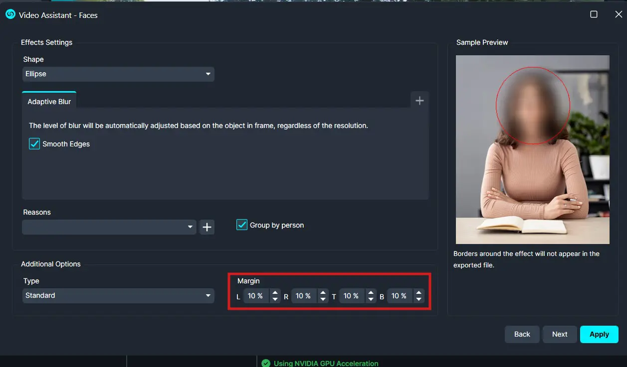 Screenshot of Video Assistant - Faces settings panel: Shape set to Ellipse, Adaptive Blur with Smooth Edges enabled; Reasons section with Group by person checked; Margin options show L 10%, R 10%, T 10%, B 10%; Sample Preview displays a blurred person with a red circular mask around the face.