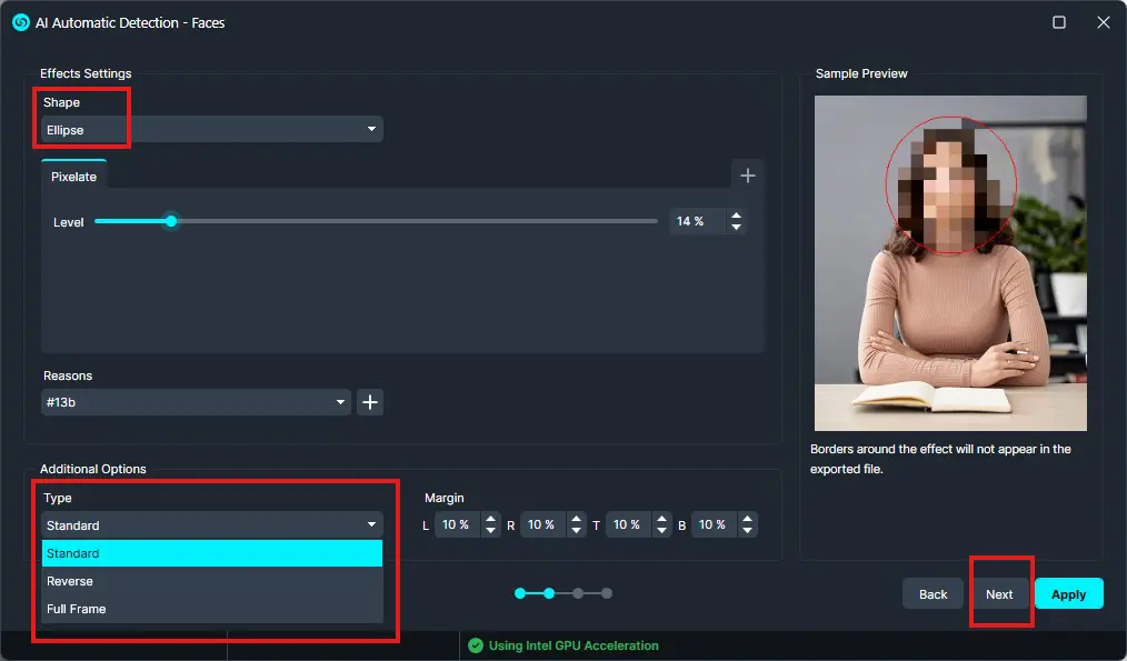 AI face detection settings: shape Ellipse, pixelation at 14%, reasons dropdown, Standard type selected, Next button highlighted, sample preview with circled face on the right panel.
