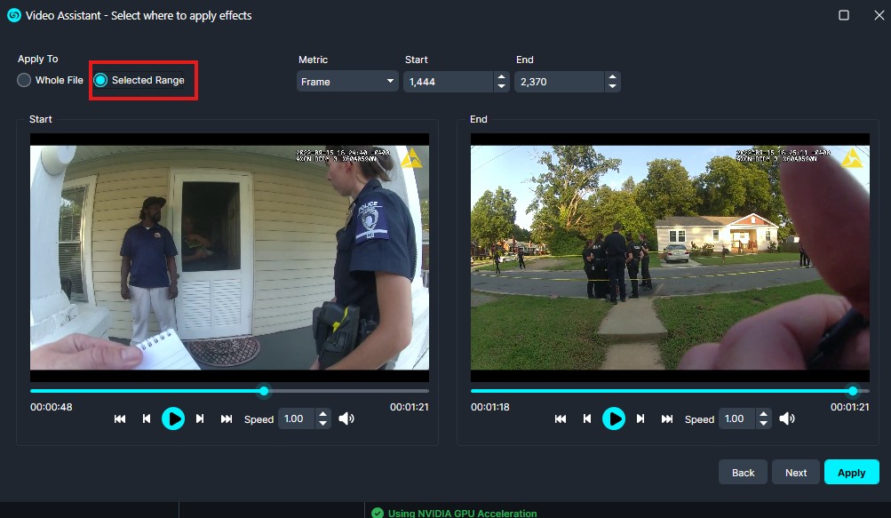 Interface for applying video effects with 'Selected Range' chosen; two preview panels show start and end frames and playback controls.