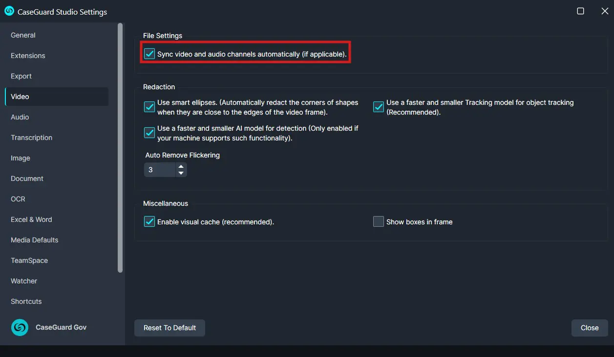 CaseGuard Studio Settings – Video tab; 'Sync video and audio channels automatically' is checked.