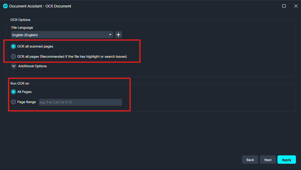 OCR options dialog: language selector, choices 'OCR all scanned pages' or 'OCR all pages', and 'Run OCR on All Pages' with 'All Pages' selected; Apply button visible.