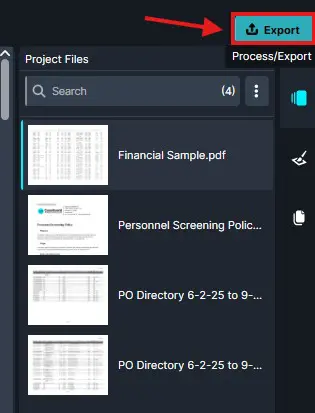 Export button in the upper-right Process/Export panel, highlighted in blue to initiate exporting selected files