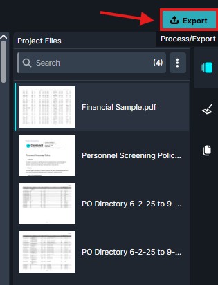Export button highlighted in the top toolbar for exporting selected project files (e.g., Financial Sample.pdf) in a Project Files panel.