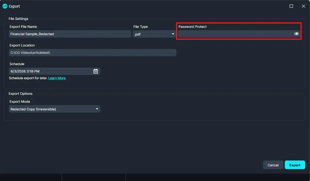 Export dialog with file name Financial_Sample_Redacted, PDF type, and a highlighted Password Protect field with eye icon