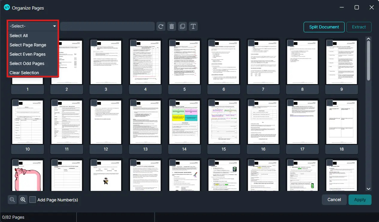 Interface for organizing PDF pages: grid of page thumbnails with a left selection dropdown (Select All, Page Range, Even/Odd pages) and Split/Extract options at top.