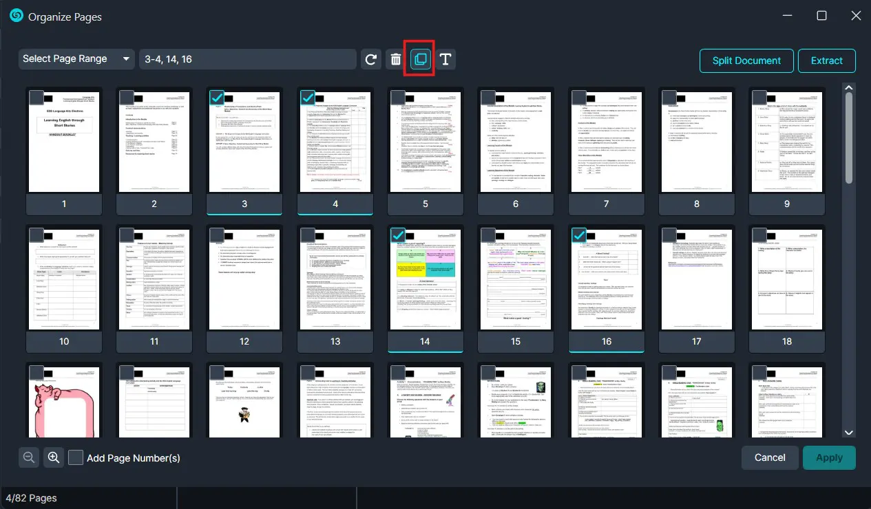 Screenshot of a PDF page organizer UI with page thumbnails, several pages selected, and Split/Extract buttons visible at the top.