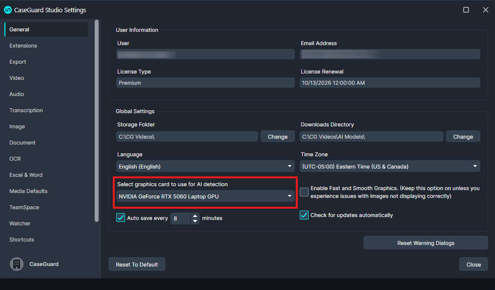 CaseGuard Studio Settings: General tab showing GPU selection set to NVIDIA GeForce RTX 5060 Laptop GPU.