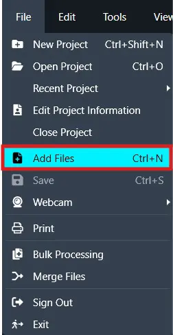 Vertical left-side menu with multiple options; the 'Add Files' item is highlighted in cyan with the keyboard shortcut Ctrl+N, among others like New Project, Open Project, Recent Project, Edit Project Information, Close Project, Save, Print, and Exit.