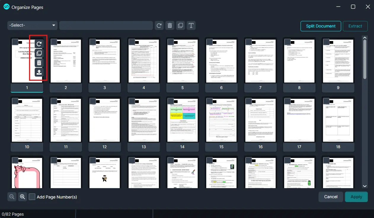Dark UI page organizer displaying thumbnails of document pages 1–18, with a highlighted left toolbar and options to split or extract pages.
