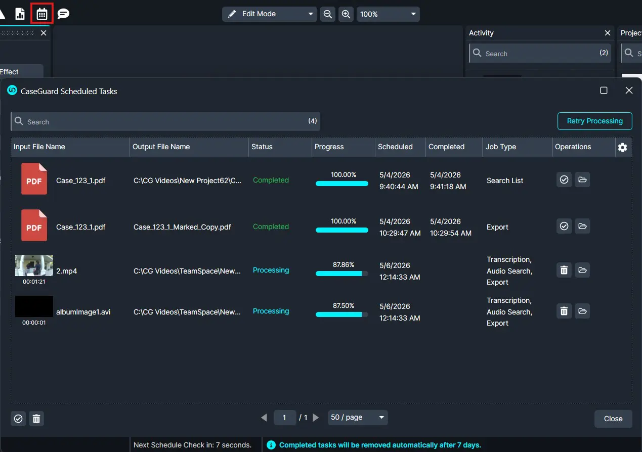 Window showing CaseGuard Scheduled Tasks with a list of files, statuses, and progress bars (Completed/Processing).