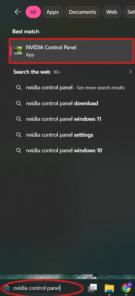 Windows search results showing NVIDIA Control Panel as the best match, with its app icon highlighted inside a red outline, and the search term'nvidia control panel' typed in the taskbar.