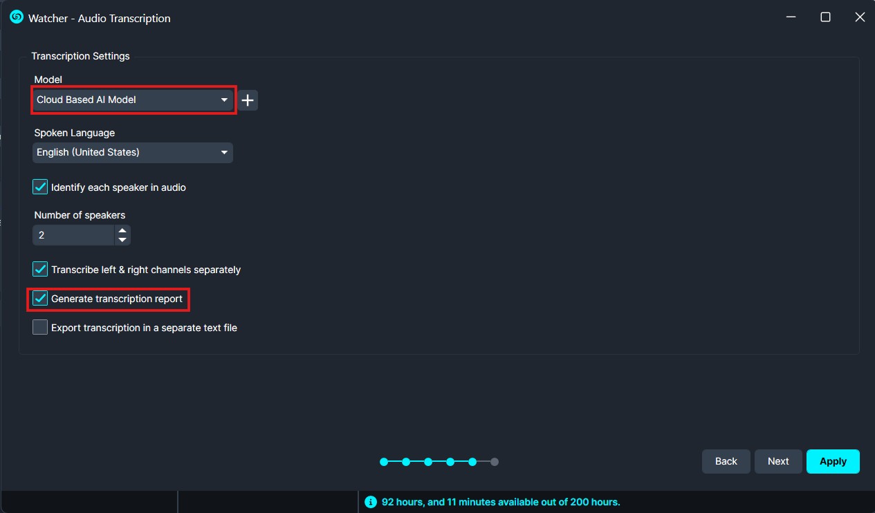 Transcription settings window: Cloud Based AI Model selected, English (United States) voice, 2 speakers, left/right channels transcribed separately, Generate transcription report enabled, with Apply button visible on the bottom right.