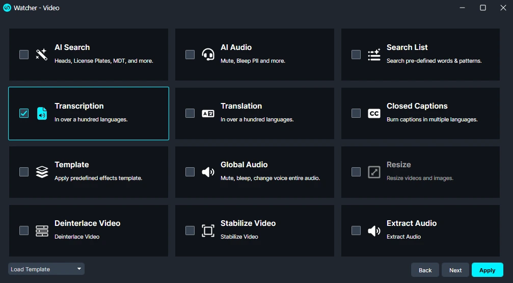 Video editing tool panel with a grid of features; Transcript is selected, others include AI Search, AI Audio, Translation, Closed Captions, Resize, and Extract Audio; Apply button visible.