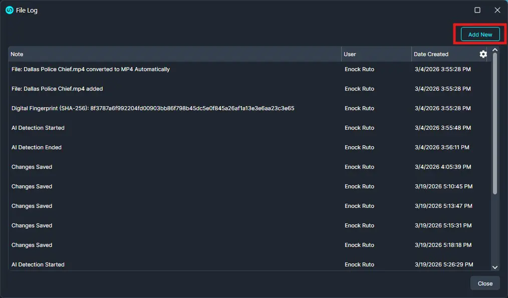 Dark software File Log window showing log notes and an highlighted Add New button in the top-right corner