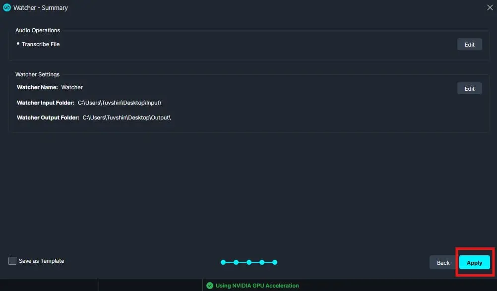 Watcher app: Summary/settings screen showing Audio Operations (Transcribe File) and input/output folder paths; Apply button highlighted.
