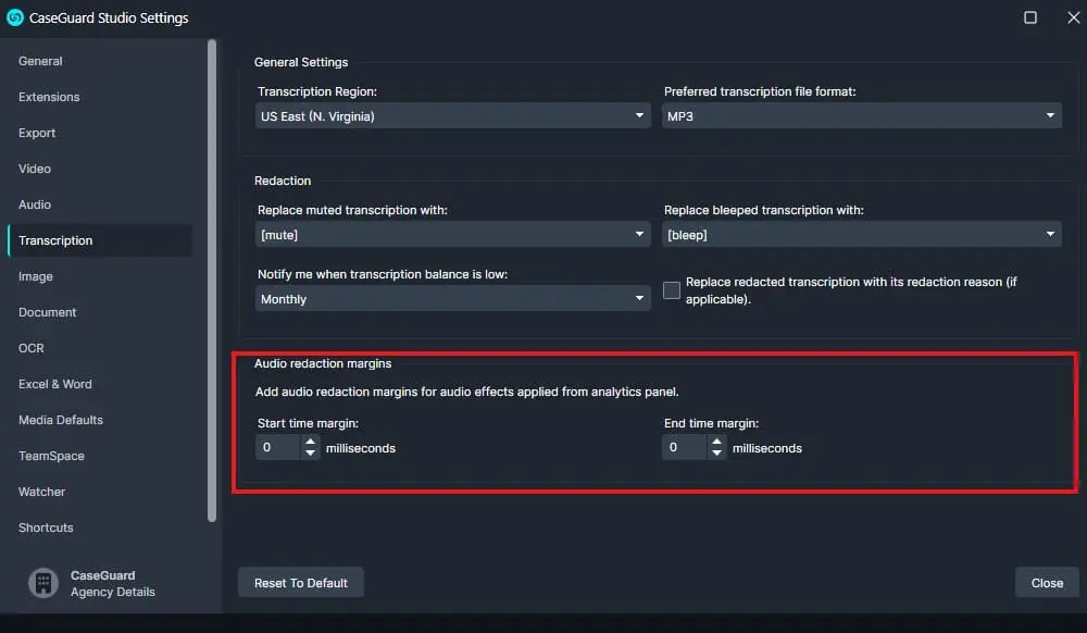 CaseGuard Studio Settings panel; Audio redaction margins section with start and end time margins set to 0 milliseconds.