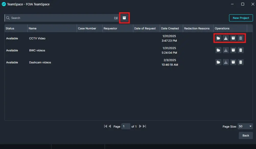 Dark TeamSpace dashboard showing three video requests (CCTV Video, BWC videos, Dashcam videos) in a table with right-side action icons (folder, download, trash). Featuring top search, a highlighted trash button, and a New Project button on the header.