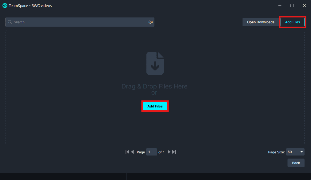 Screenshot of TeamSpace app showing a drag-and-drop upload area with a highlighted Add Files button.