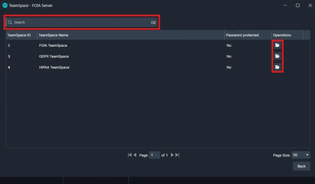 FOIA TeamSpace server UI with a search bar and three TeamSpace entries, each having a right-side folder action icon.