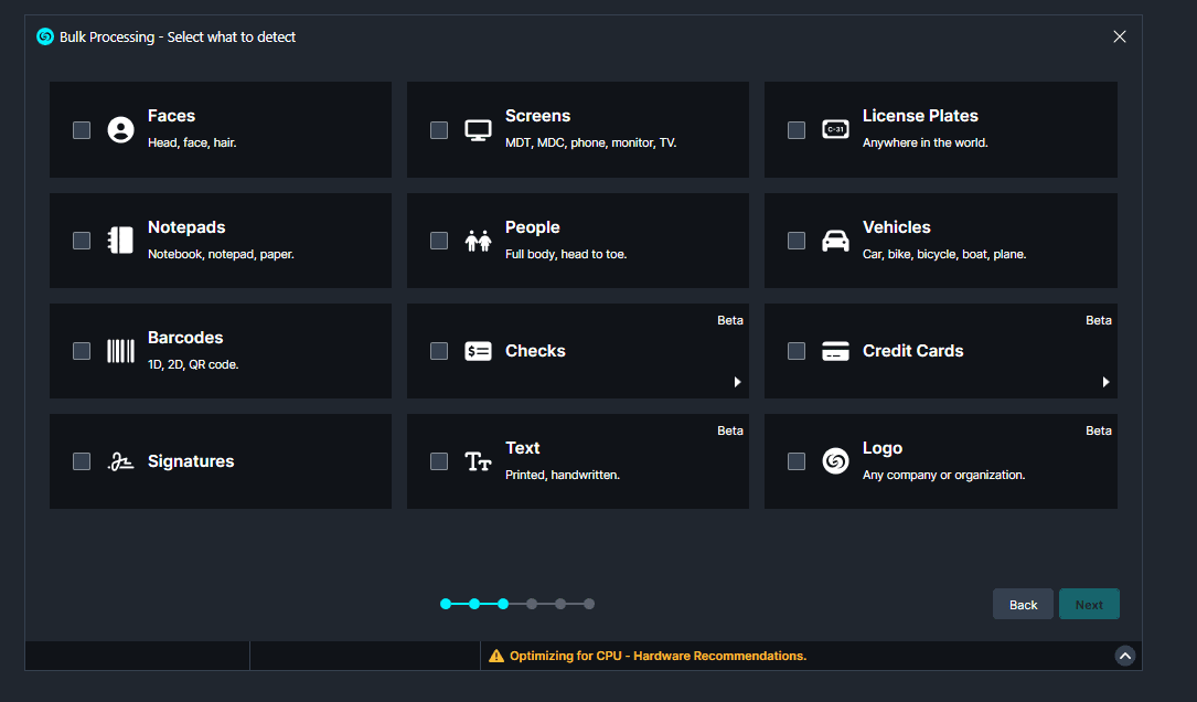 Bulk processing wizard: grid of detectable categories including Faces, Screens, License Plates, Notepads, People, Vehicles, Barcodes, Checks, Credit Cards, Signatures, Text, and Logo.