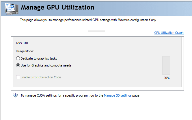 NVIDIA Manage GPU Utilization panel (NVS 310) with 'Use for Graphics and compute needs', ECC unchecked, 0% progress; links to GPU Utilization Graph and Manage 3D settings.