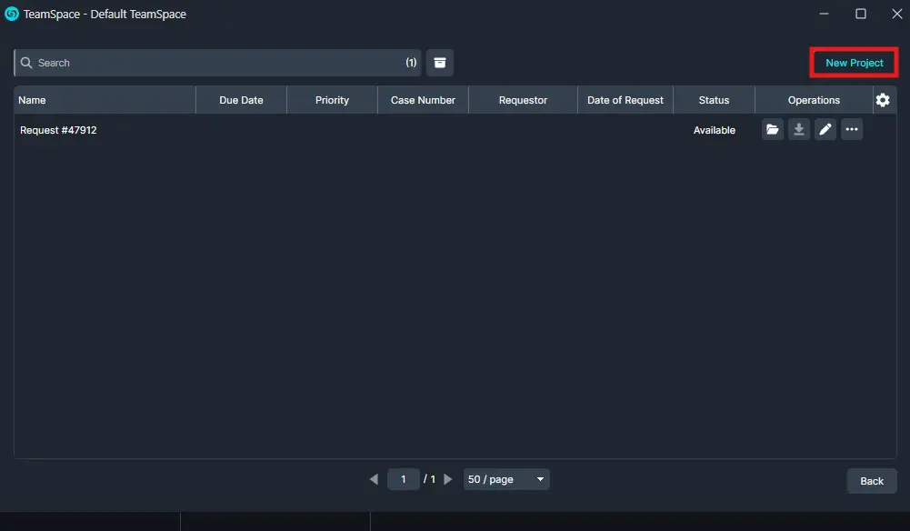 TeamSpace app window with the New Project button highlighted in the top-right and a single project titled Request #47912 in the list.