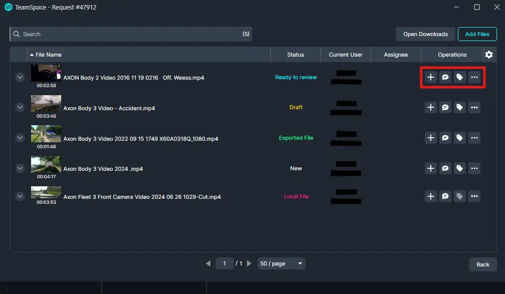 TeamSpace file list showing multiple video files with status labels (Ready to review, Draft, Exported File, Local File) and a highlighted block of operation icons on the right side of the row.